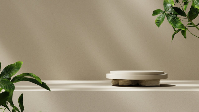 Cosmetic podium with plant element and soft shadow background designed for skincare product display and branding. Minimal studio setup with empty platform. 3D render.