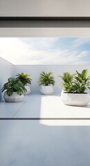 Fototapeta premium Modern balcony with potted plants and geometric planters under bright sunlight and blue sky with clouds