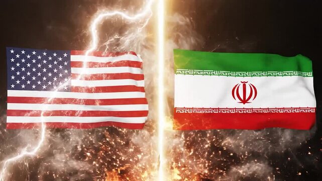 USA and Iran flags facing each other with bright light and sparks between them symbolizing political tension and conflict between nations
