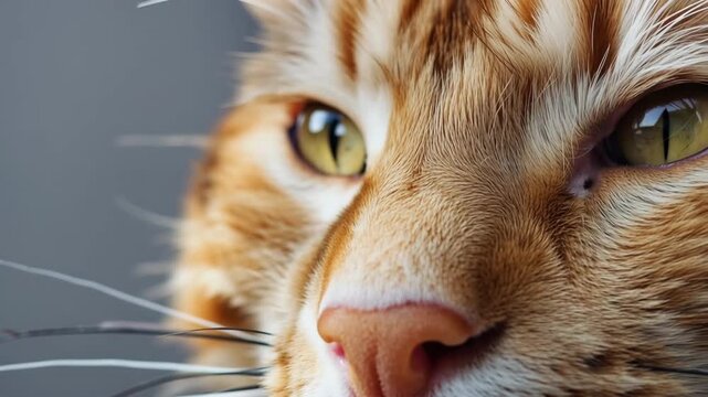 Close up of a curious orange tabby cat face with yellow eyes and detailed fur texture