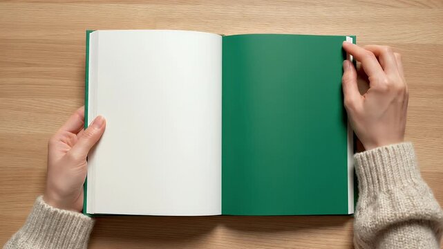 Hands hold an open book with blank white and green pages on a wooden table