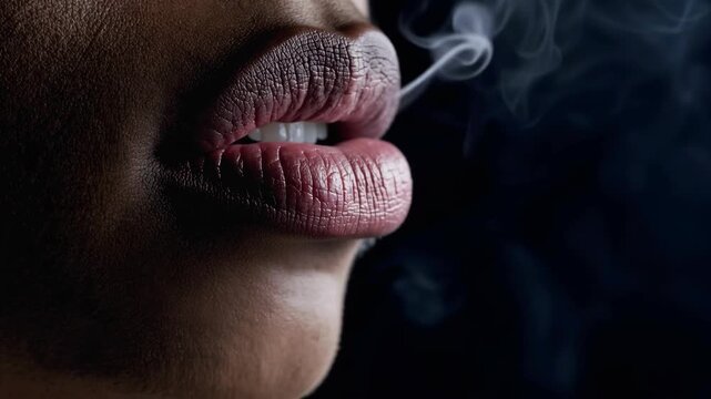 Close up of lips exhaling smoke with detailed texture and dark background for smoking concept