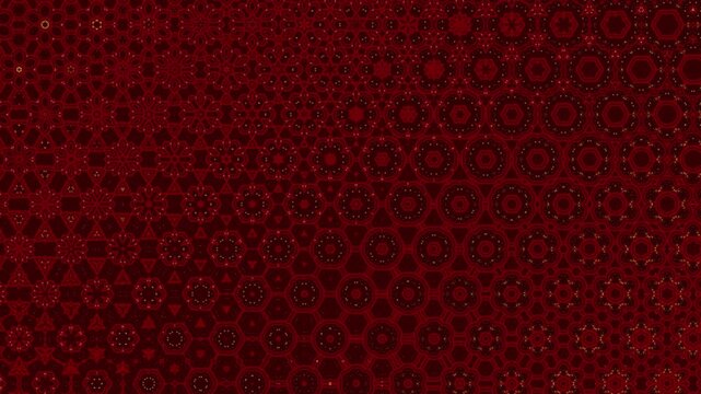 Refined deep red video pattern with symmetrical geometric forms, hexagons, circles, stars and mandala structures, golden particles, rhythmic motion and visual depth, seamless loop