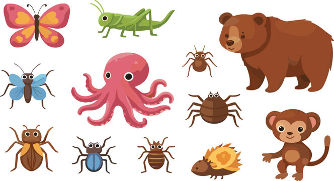 Cute insects and animals collection with bear monkey octopus butterfly beetles and bugs cartoon flat vector illustration set isolated