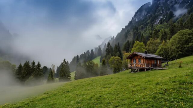 Cozy wooden cabin on green hillside with misty forest and mountain landscape under blue sky