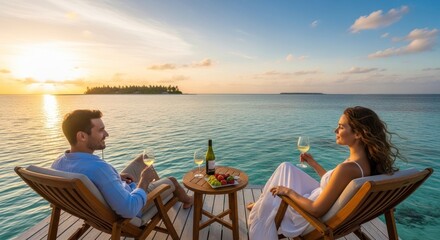 Fototapeta premium A couple enjoys a romantic sunset on a wooden deck overlooking the ocean, with a bottle of wine and a plate of fruit on the table.