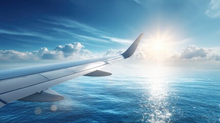 Obraz premium View of Airplane Wing Over Turquoise Ocean With Clear Sky and Soft Clouds During Sunny Travel Experience