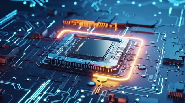 Close up of glowing computer processor chip on futuristic circuit board with blue and orange lights