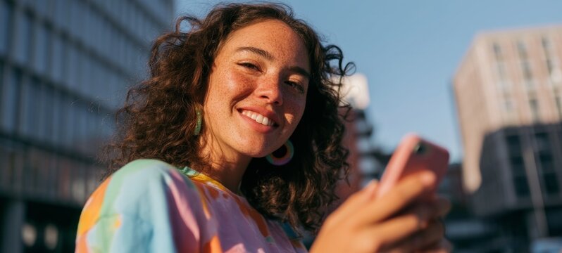 Happy Woman Taking Selfie in City Setting