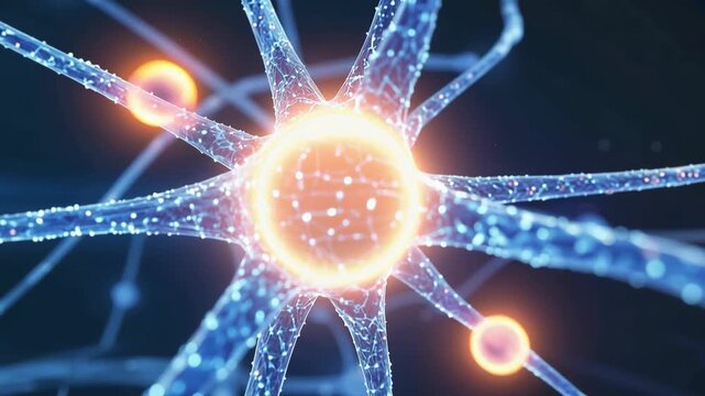 Close up view of glowing neuron cells with interconnected axons and dendrites in digital medical background