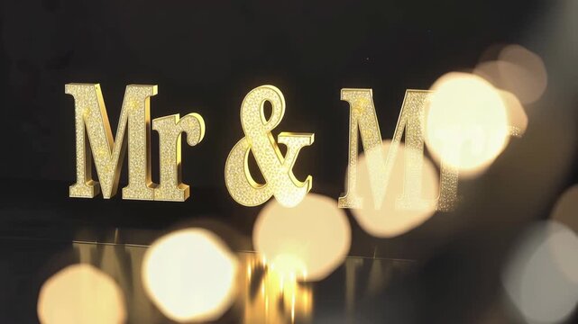 Glowing golden Mr and Mrs letters with sparkling lights for wedding celebration decor