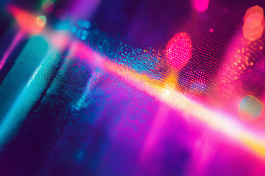 Abstract macro texture of light refracting through a prism with digital glitch distortions, neon cyan and magenta color palette, grainy film texture, 16k resolution background