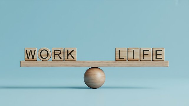 Wooden blocks spelling WORK LIFE on a balanced seesaw symbolizing harmony and equilibrium
