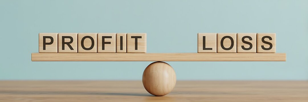 Wooden blocks with profit and loss on a seesaw