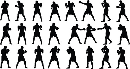 Fototapeta premium Boxing fighter silhouette collection with punching stance and defensive poses, athlete combat sport vector set isolated on white background