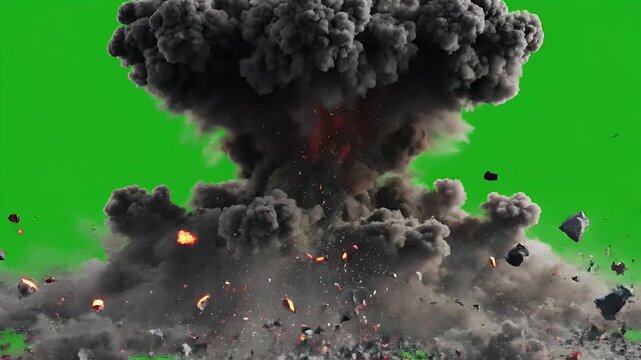 Violent explosion engulfs the scene with dark smoke, debris, and fire against green screen