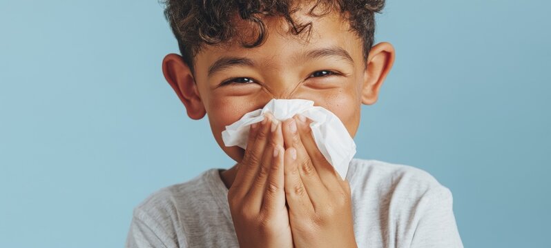 Young Boy with Smiling Expression Nose-Bleeding, Tissue in Hand, Emotional Moment