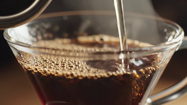Pouring hot water into coffee grounds in a glass carafe for brewing