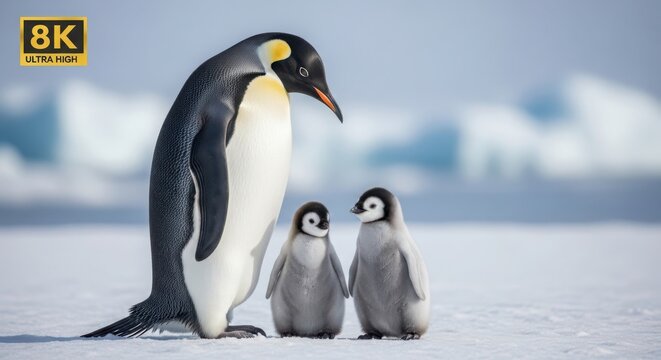 King penguin with two chicks on icy landscape