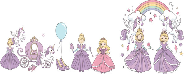 Fototapeta premium Princess and unicorn fairytale collection with rainbow carriage magic accessories and cute fantasy characters flat vector illustration set isolated