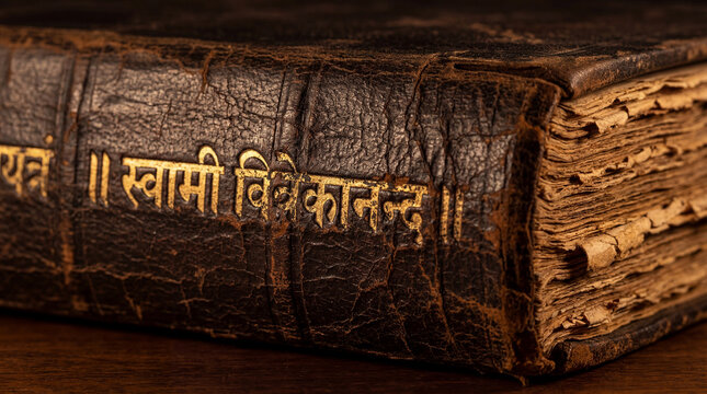 Vintage leather book featuring Swami Vivekananda title in Hindi script. Spiritual wisdom and Indian philosophy heritage. Ancient teachings on enlightenment and yoga for cultural inspiration