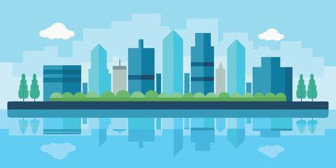 Fototapeta premium Modern flat city skyline with river reflection, Modern flat city skyline split into day and night scene