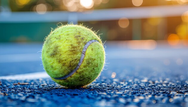 Cinematic Macro Shot of a Dirty Bright Yellow Tennis Ball Lying on a Blue Hard Court