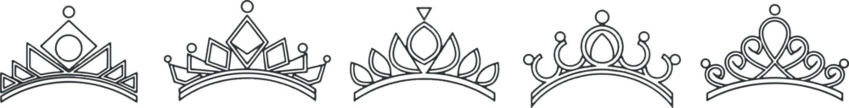Set of Elegant Tiara and Queen Crown Icons in Minimalist Line Art Style