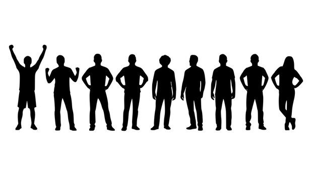 People silhouette set with raised arms and hands on hips poses minimal human figures vector isolated on white background