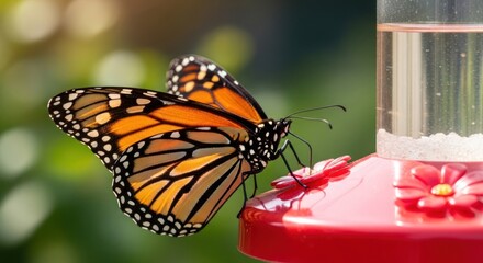 Fototapeta premium A monarch butterfly perched on a red hummingbird feeder, surrounded by a lush green background.