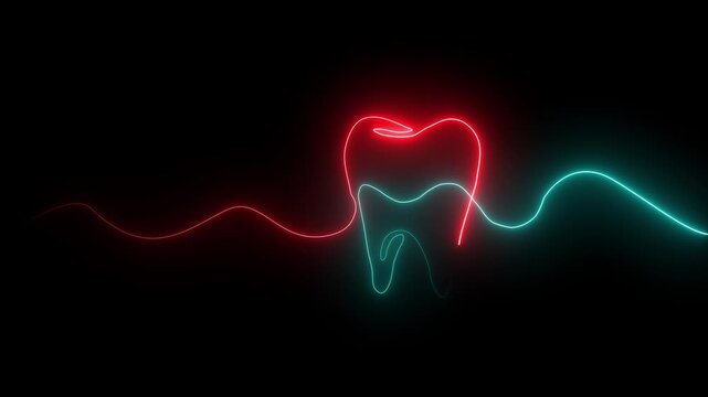 Neon Tooth Outline with Glowing Lines on Dark Background Dental Health Concept neon sign