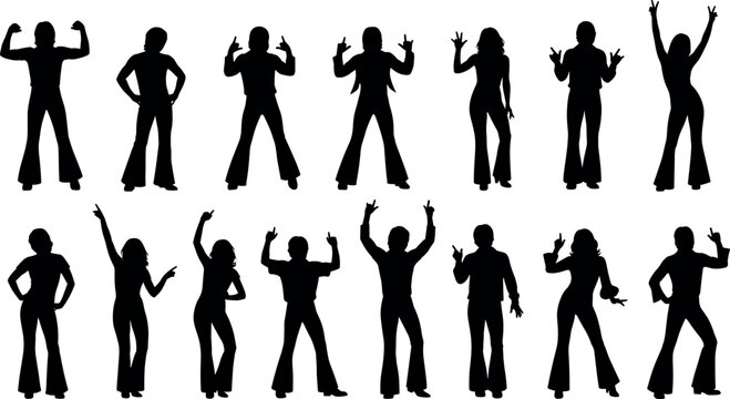 Retro 70s disco dancer silhouettes in bell bottom pants posing and dancing isolated on white background for vintage party design