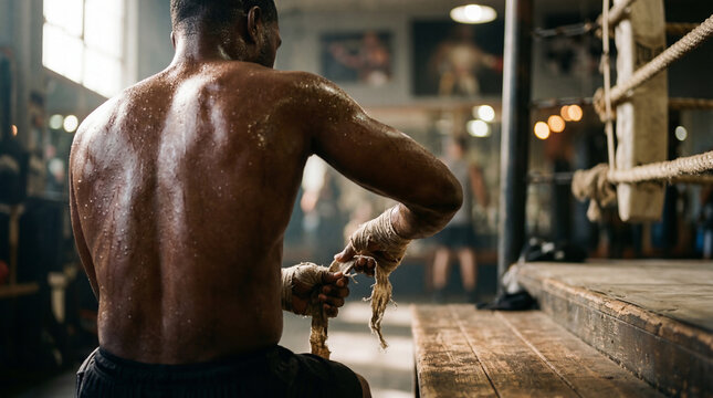 African American boxer wrapping hands from behind in boxing ring. Muscular man preparing for intense fight. Sweat-covered athlete in training session at dimly lit gym for sports motivation and combat