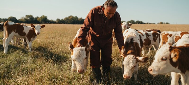 Farm Life: A Man Tending to His Herd of Cows in a Field