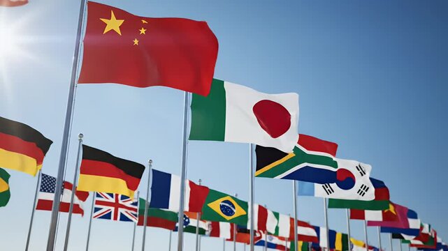 Multiple national flags flutter gently against a clear blue sky