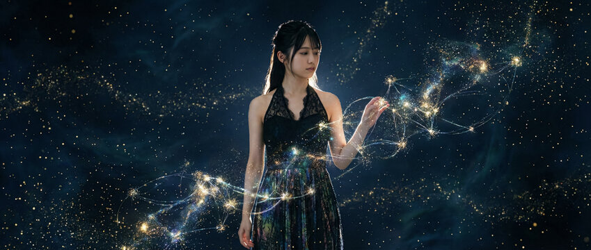 Elegant woman manipulates glowing data network in a cinematic futuristic style