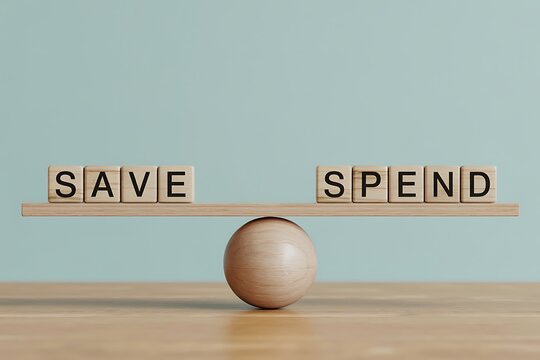 Achieving financial balance between saving and spending with wooden blocks on a seesaw demonstrating prudent choices