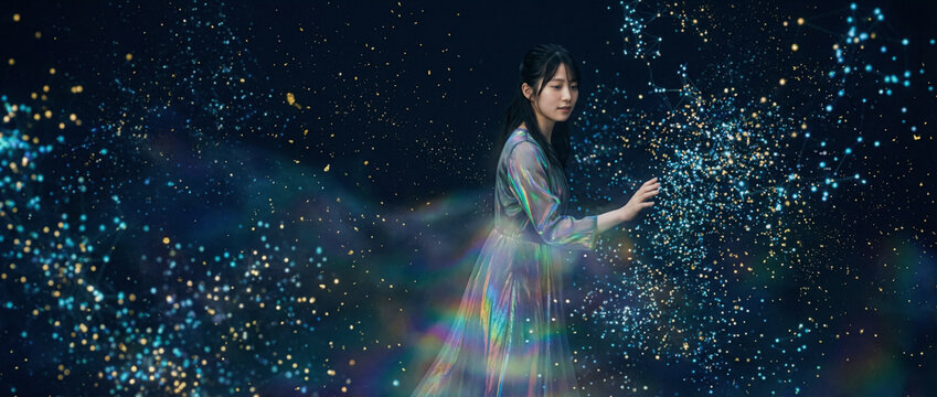 Young woman interacts with digital constellations in a conceptual minimalist style