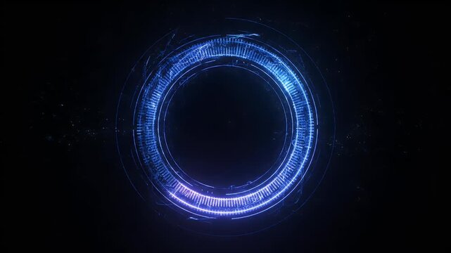 A glowing blue circular HUD element with intricate details and light particles on a dark background