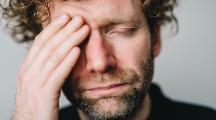 Fototapeta premium Pensive middle-aged Caucasian man with curly hair touching his forehead in distress, capturing the physical symptoms of mental health struggles, chronic headaches, and professional burnout