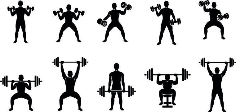 A set of ten black silhouette icons depicting various weightlifting exercises and poses with dumbbells and barbells for fitness and workout routines