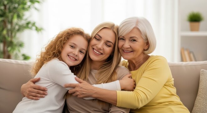 Three generations of women hugging and smiling on a couch together