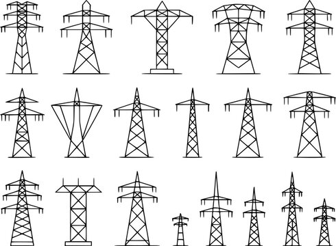 Collection of various electricity pylon in black outline a white background tower