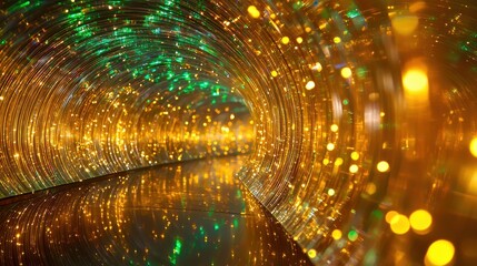 Naklejka premium Glowing fiber detail hundreds illuminated cables arcing tunnel formation golden emerald light cores bokeh effects luminous reflections technology
