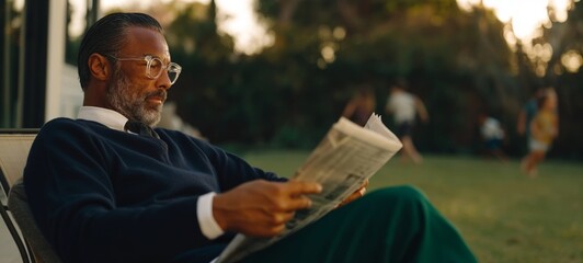 Obraz premium Man Reading Newspaper in Outdoor Chair