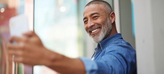 Fototapeta premium Happy Man Taking a Selfie with Cellphone, Posing for the Camera.