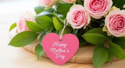 Obraz premium A bouquet of pink roses with a heartshaped tag that says happy mothers day