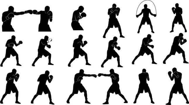 Collection of black silhouettes depicting various boxing stances and movements in a grid pattern on a white background
