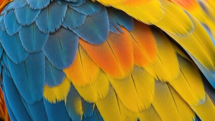 Obraz premium A vibrant display of colorful parrot feathers in shades of blue, yellow, and orange