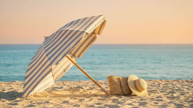 An umbrella and a straw hat rest on the sand near the water. The ocean waves gently lap the shore while the sun sets, creating a warm glow over the beach